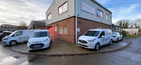 Rotech factory surrounded by Rotech vans