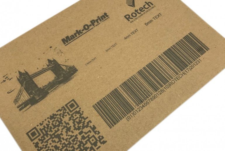 Outer case sample printed with 1D & 2D barcode an image of London bridge and Rotech logo