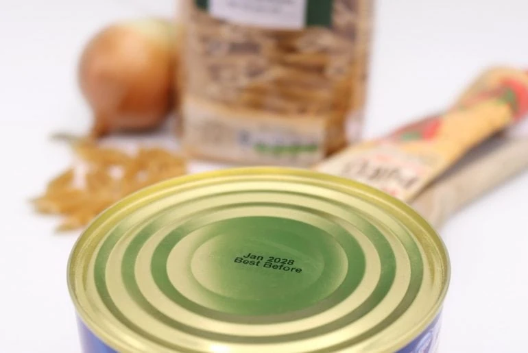 Food tin with best before date printed using thermal inkjet (TIJ)