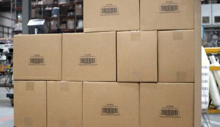 Outer case boxes stacked on pallet in warehouse