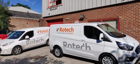 Service support Rotech vans in front of Rotech factory
