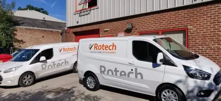 Service support Rotech vans in front of Rotech factory