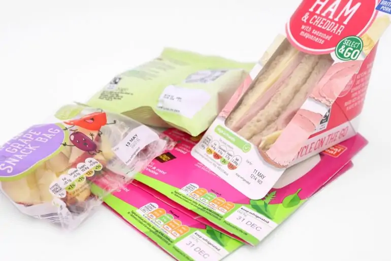 Coded food & drink packaging. Sandwich, crisps, fruit bag, skillet, flow wrap & film
