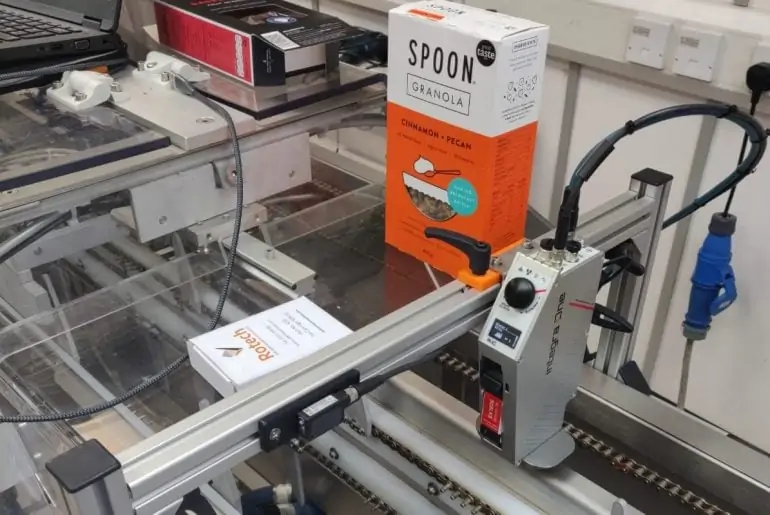 Thermal Inkjet printer, with printed Rolla Granola carton