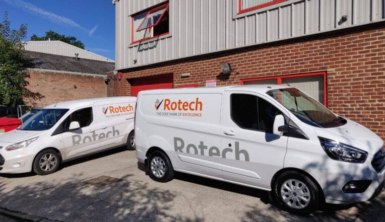Rotech's service support vans outside the office and factory