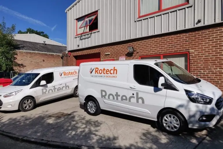 Rotech's service support vans outside the office and factory
