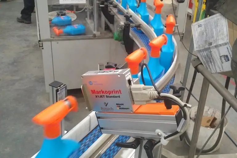 Thermal Inkjet printing onto trigger spray bottles on production line