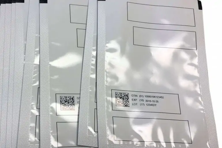 Pharmaceutical, medical sachets printed with GS1 code, serialisation, expiry, and lot numbers