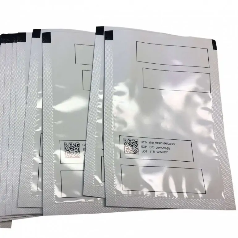 Pharmaceutical, medical sachets printed with GS1 code, serialisation, expiry, and lot numbers