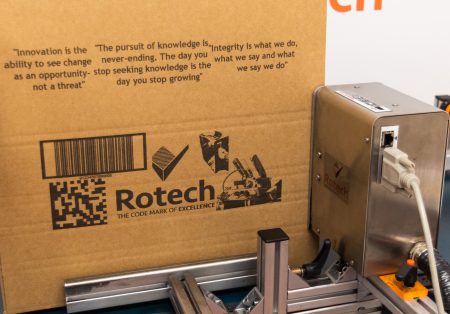 Rotech PP108 printing on cardboard box- barcode, logo,GS1 code and graphic