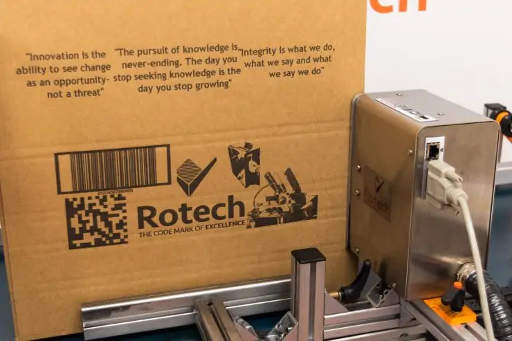 Rotech PP108 printing on cardboard box- barcode,logo,Gs1 code and graphic