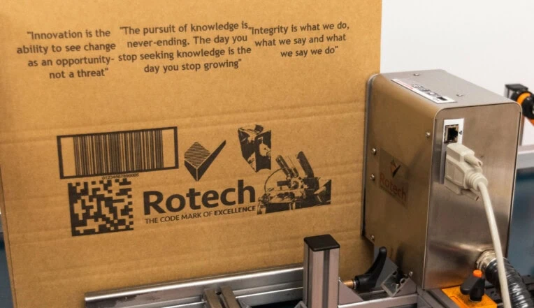 Rotech PP108 printing on cardboard box- barcode, logo,GS1 code and graphic