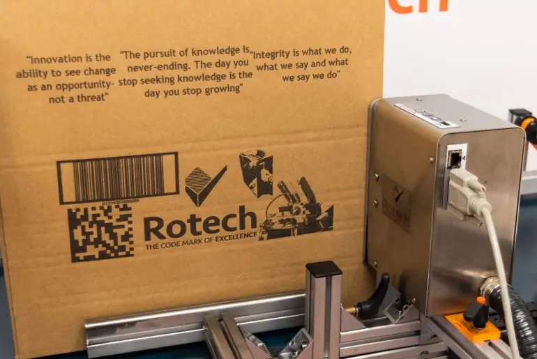 Rotech PP108 printing on cardboard box- barcode, logo,GS1 code and graphic
