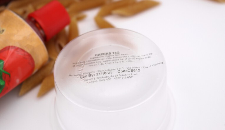 Plastic food tub printed with ingredients list using thermal inkjet printer