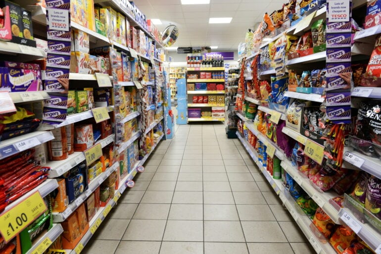 Super market aisle with chocolate and sweets