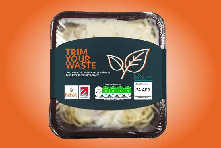Food sleeve saying trim your waste squeezing ready meal