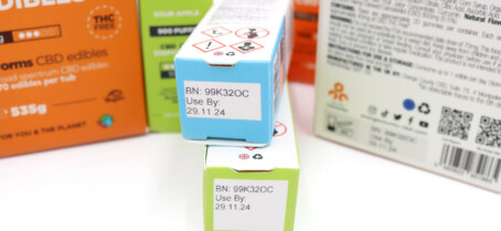 Close up of date and batch code on cbd vape cartons